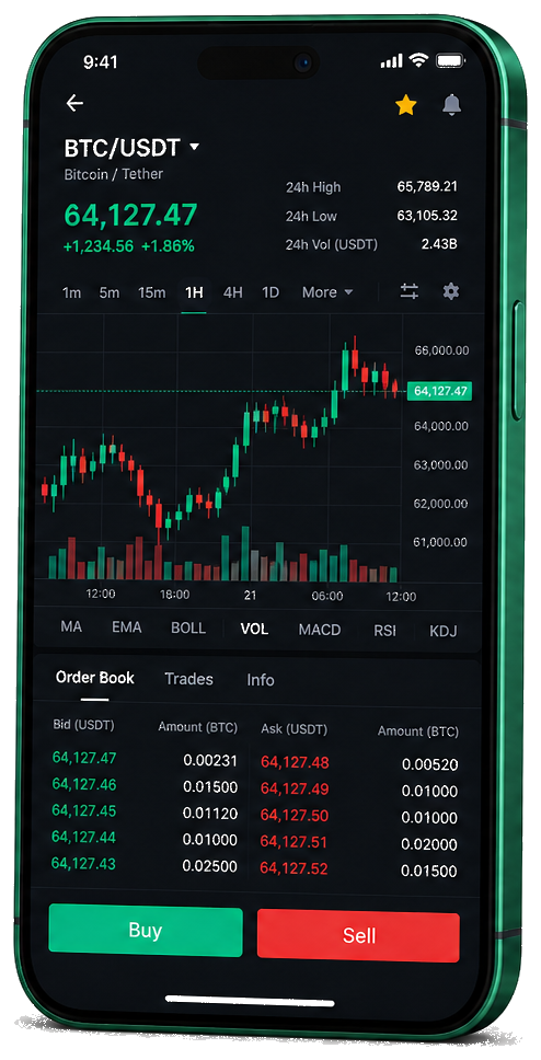 Escala Opulex plataforma de negociação móvel — gráfico BTC/USDT ao vivo, carteira de pedidos e interface de compra/venda